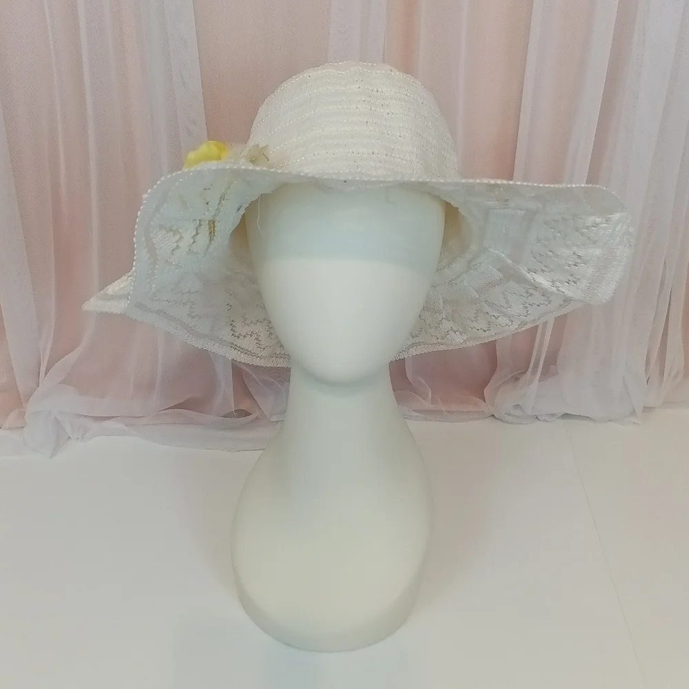 Vintage 80s Womens White and Yellow Wide Brim Sun Hat Summer Travel - Picture 6 of 9